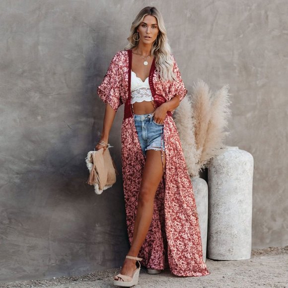 Shop Fig Dresses & Skirts - New Red Floral & Lace Kimono Maxi Beach Dress Cover-Up